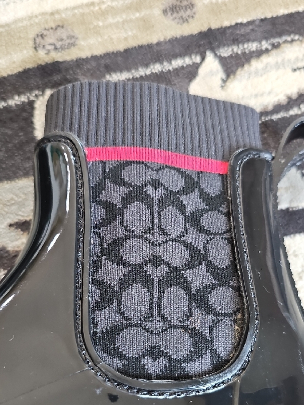Coach Black Patent Rain Ankle Boots with Gray Monogram and Pink Accent - Picture 8 of 10